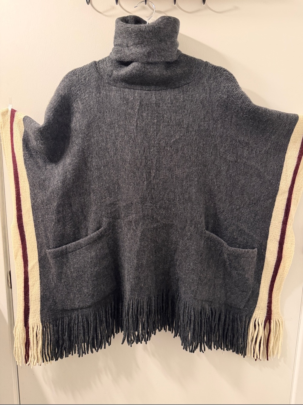 Charcoal Gray Turtleneck Fringe Poncho Sweater with Stripe & Metallic Detail NWT